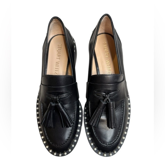 Stuart Weitzman Black Leather Pearl Stud Tassel Loafers Size 9B - Picture 3 of 8